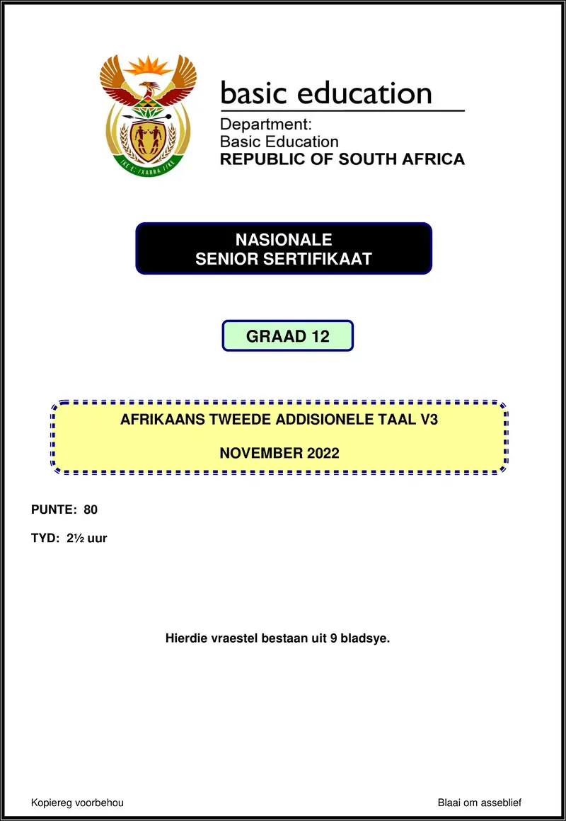 Grade 12 Afrikaans past paper 2022 – afrikaans sal p3 nov 2022 gr12