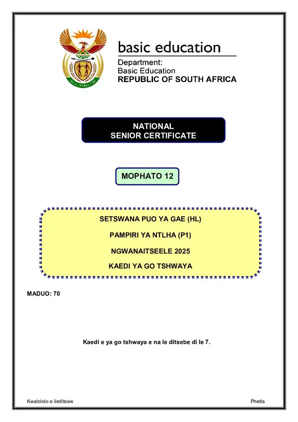 Grade 12 Setswana past paper 2025 – Setswana HL P1 memo gr12