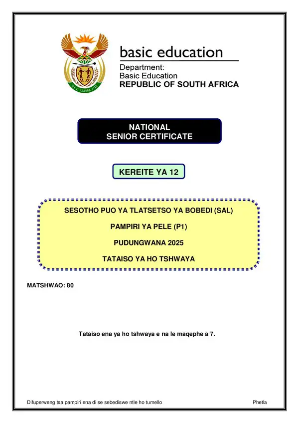 Grade 12 Sesotho past paper 2025 – Sesotho SAL P1 Memo gr12