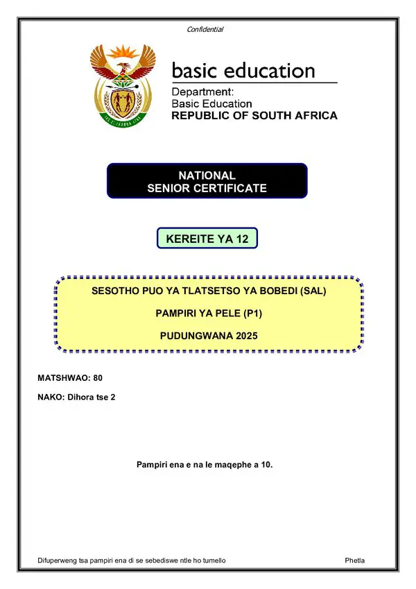 Grade 12 Sesotho past paper 2025 – Sesotho SAL P1 gr12