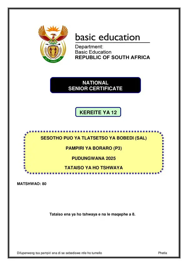 Grade 12 Sesotho past paper 2025 – Sesotho SAL P3 Memo gr12