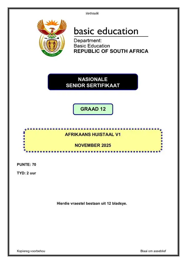 Grade 12 Afrikaans past paper 2012 – Afrikaans HL P1 gr12
