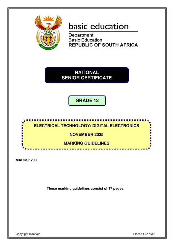 Grade 12 English past paper 2025 – Digital Electronics Memo 1 (English) gr12