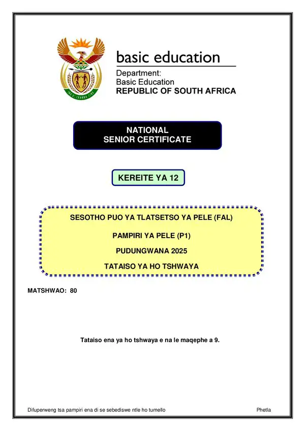 Grade 12 Sesotho past paper 2025 – Sesotho FAL P1 Memo gr12