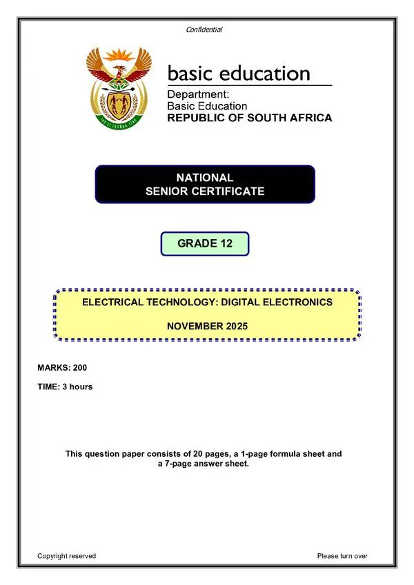 Grade 12 English past paper 2025 – Digital Electronics Paper 1 (English) gr12