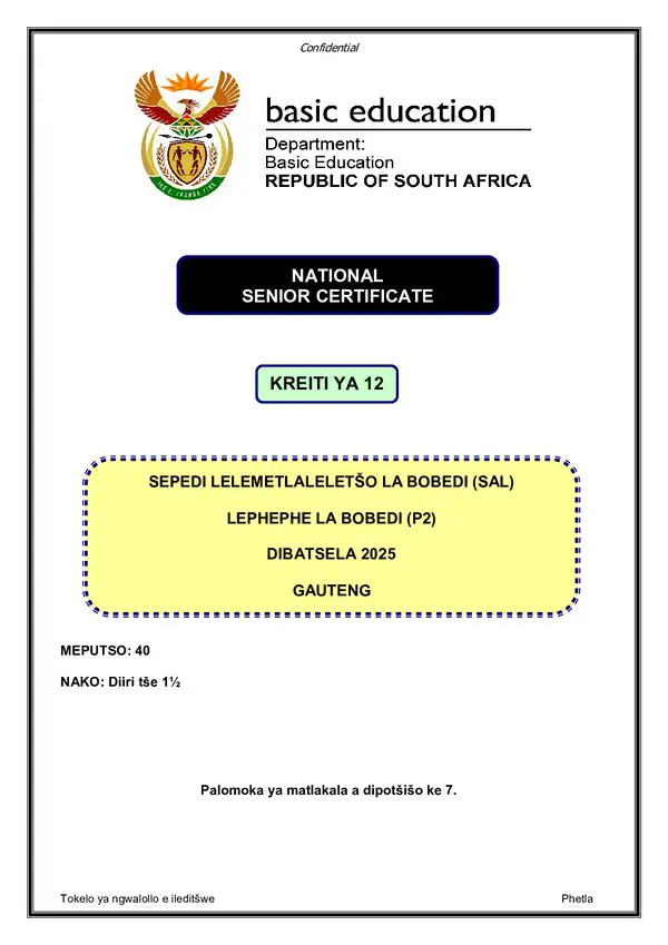 Grade 12 Sepedi past paper 2025 – Sepedi SAL P2 Gauteng gr12