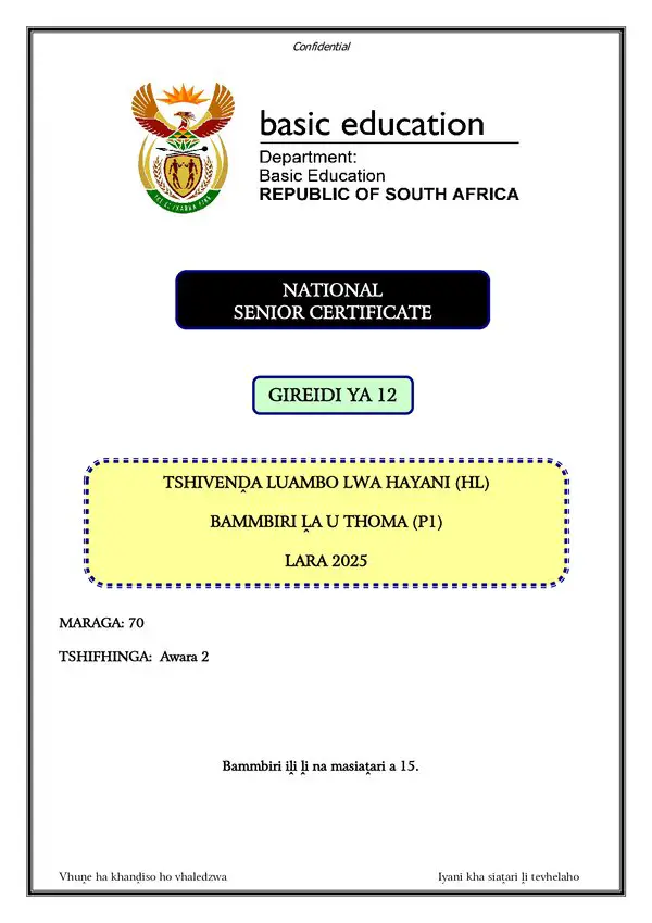 Grade 12 Tshivenda past paper 2025 – Tshivenda HL P1 gr12
