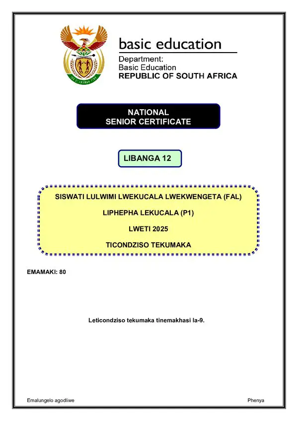 Grade 12 Siswati past paper 2025 – Siswati FAL P1 memo gr12