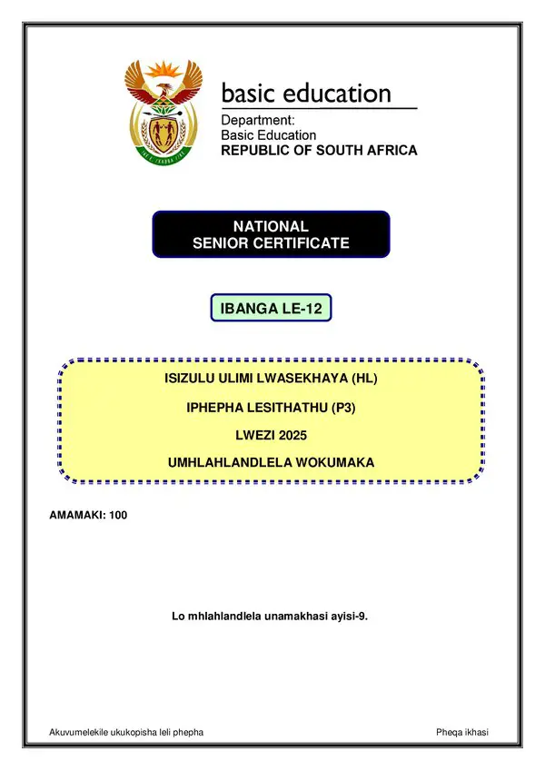 Grade 12 isiZulu past paper 2025 – IsiZulu HL P3 Memo gr12