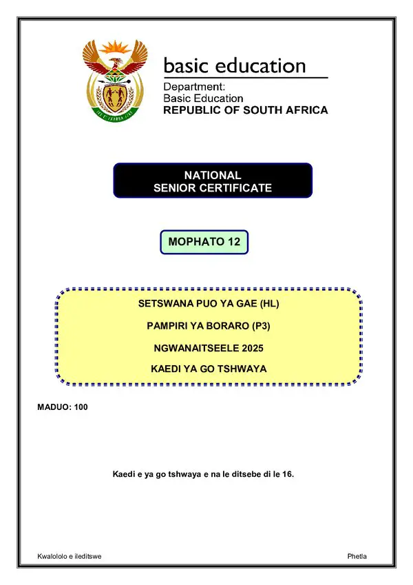 Grade 12 Setswana past paper 2025 – Setswana HL P3 memo gr12
