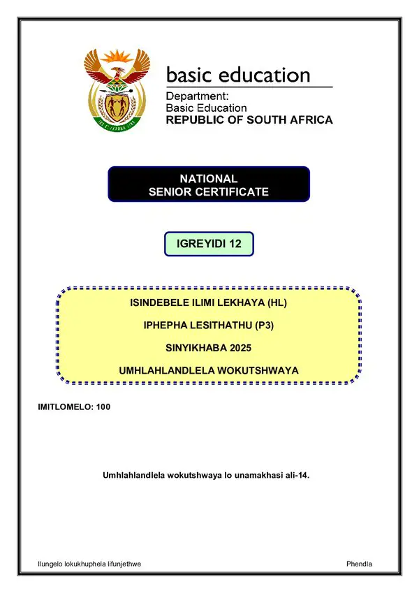 Grade 12 isiNdebele past paper 2025 – IsiNdebele HL P3 Memo gr12