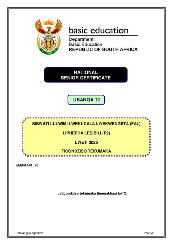 Grade 12 Siswati past paper 2025 – Siswati FAL P2 memo gr12