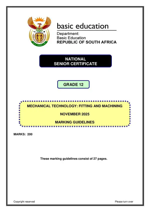 Grade 12 English past paper 2025 – Fitting and Machining Memo 1 (English) gr12