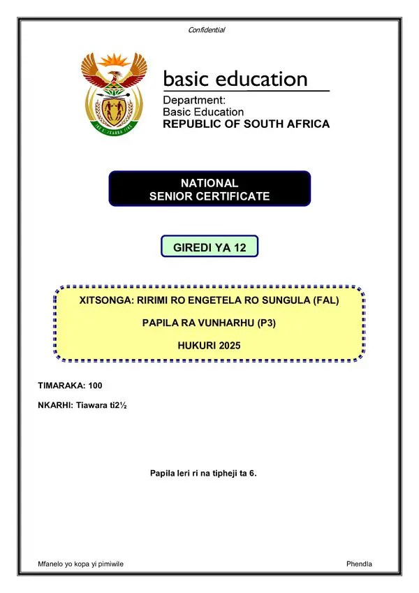 Grade 12 Xitsonga past paper 2025 – Xitsonga FAL P3 gr12