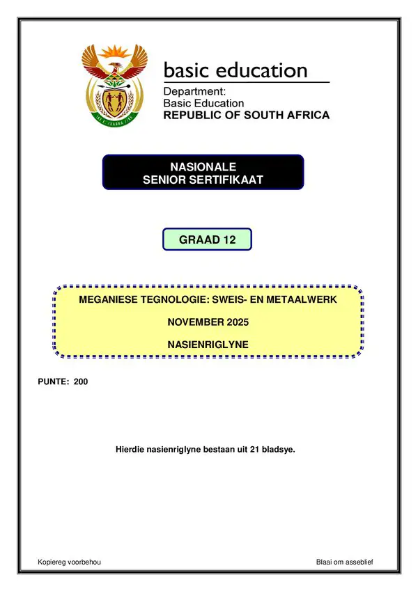 Grade 12 Afrikaans past paper 2025 – Welding and Metalwork Memo 1 (Afrikaans) gr12