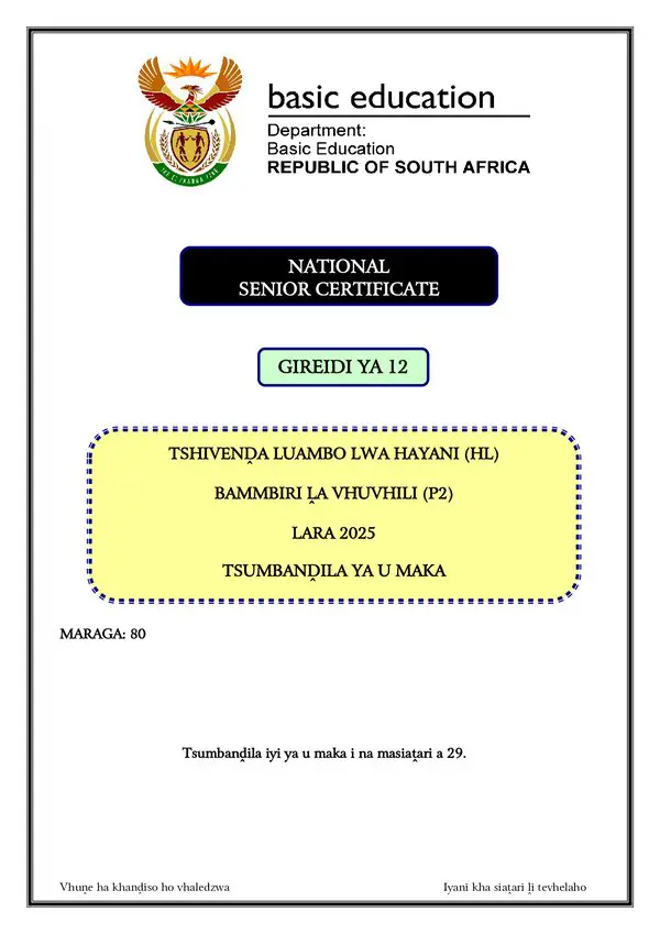 Grade 12 Tshivenda past paper 2025 – Tshivenda HL P2 Memo gr12