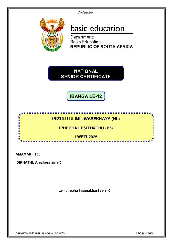 Grade 12 isiZulu past paper 2025 – IsiZulu HL P3 gr12