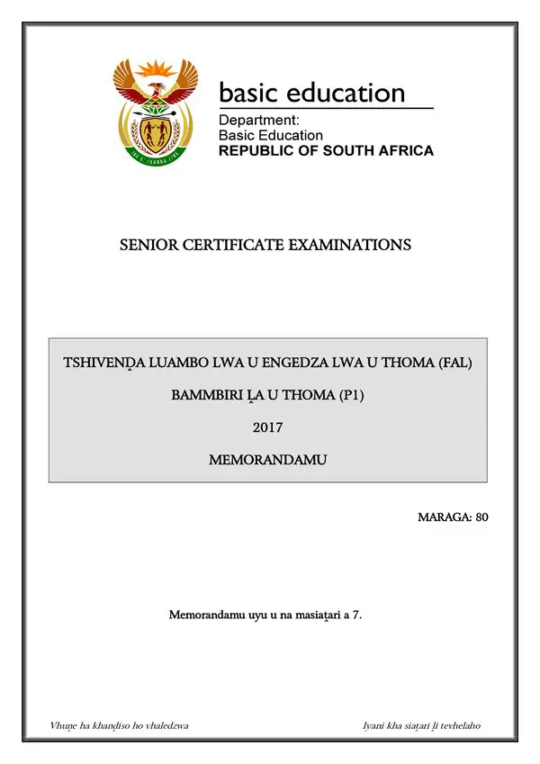 Grade 12 Tshivenda past paper 2017 – Tshivenda FAL P1 Memo gr12