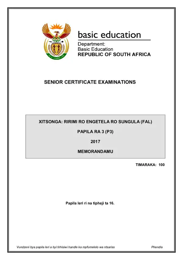 Grade 12 Xitsonga past paper 2017 – Xitsonga FAL P3 Memo gr12