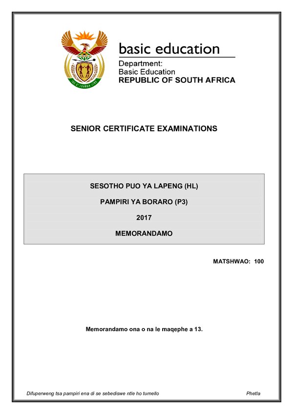 Grade 12 Sesotho past paper 2017 – Sesotho HL P3 memo gr12