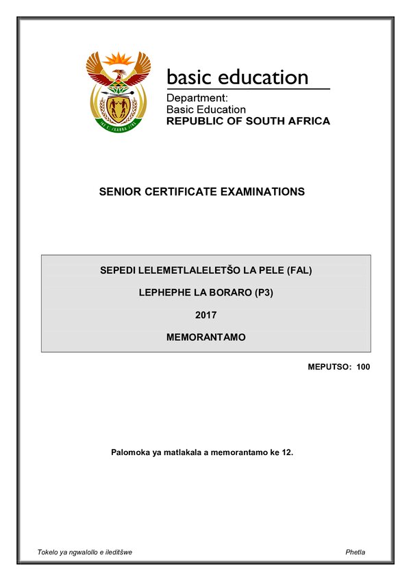 Grade 12 Sepedi past paper 2016 – Sepedi FAL P3 memo gr12