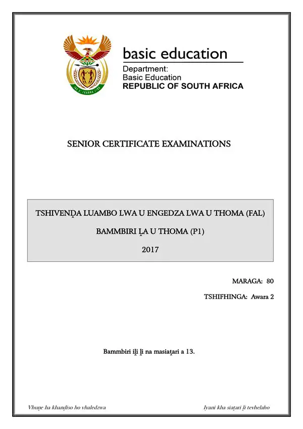 Grade 12 Tshivenda past paper 2017 – Tshivenda FAL P1 gr12