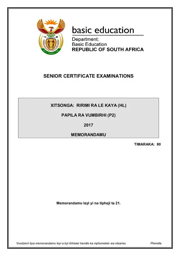 Grade 12 Xitsonga past paper 2017 – Xitsonga HL P2 Memo gr12