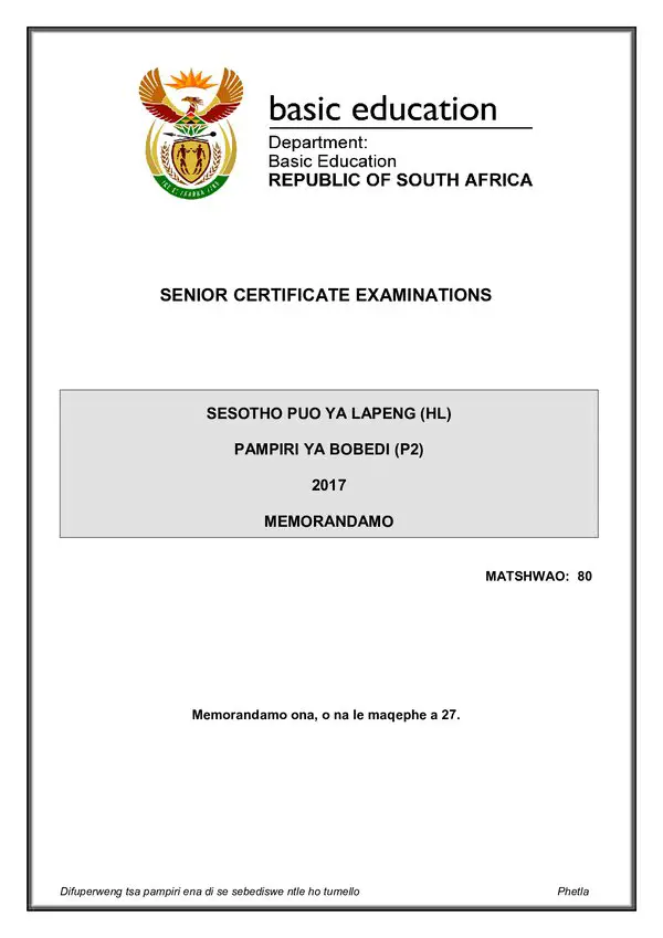 Grade 12 Sesotho past paper 2017 – Sesotho HL P2 memo gr12