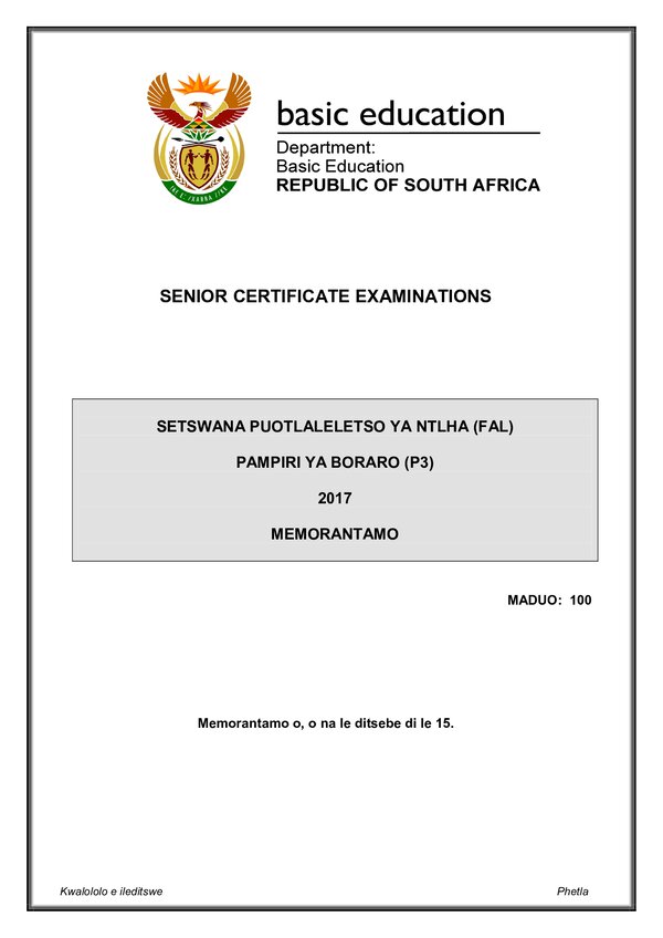 Grade 12 Setswana past paper 2017 – Setswana FAL P3 memo gr12