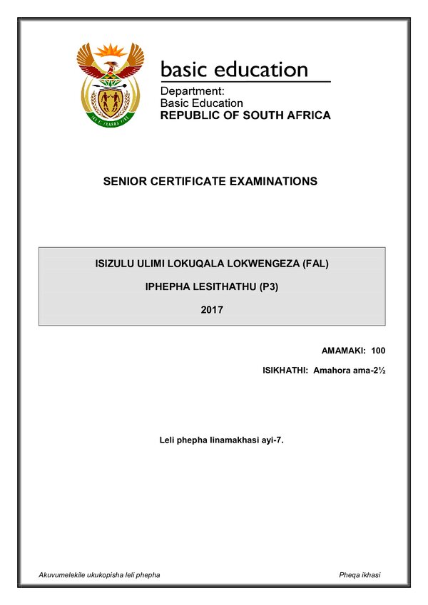 Grade 12 isiZulu past paper 2016 – IsiZulu FAL P3 gr12