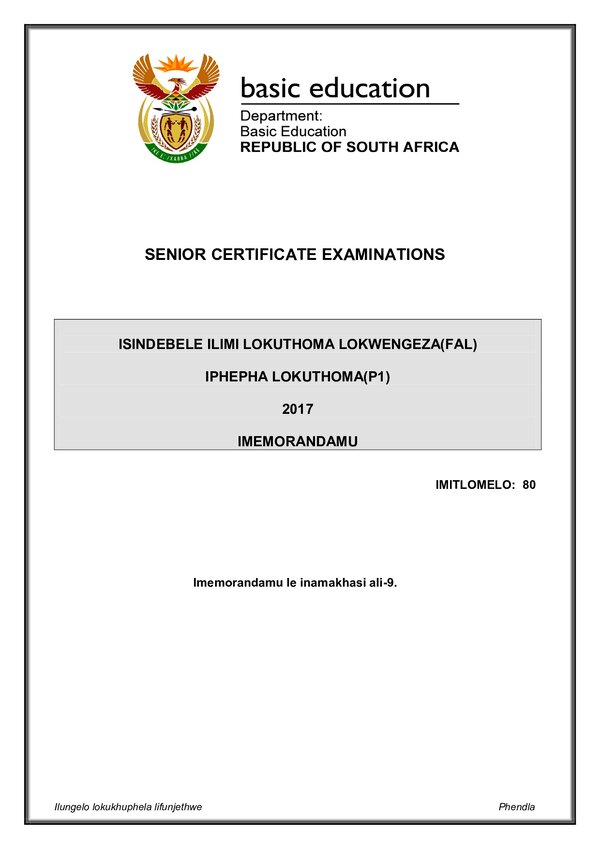 Grade 12 isiNdebele past paper 2017 – IsiNdebele FAL P1 Memo gr12
