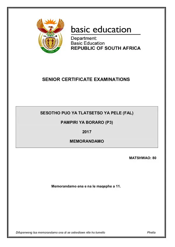 Grade 12 Sesotho past paper 2017 – Sesotho FAL P3 memo gr12