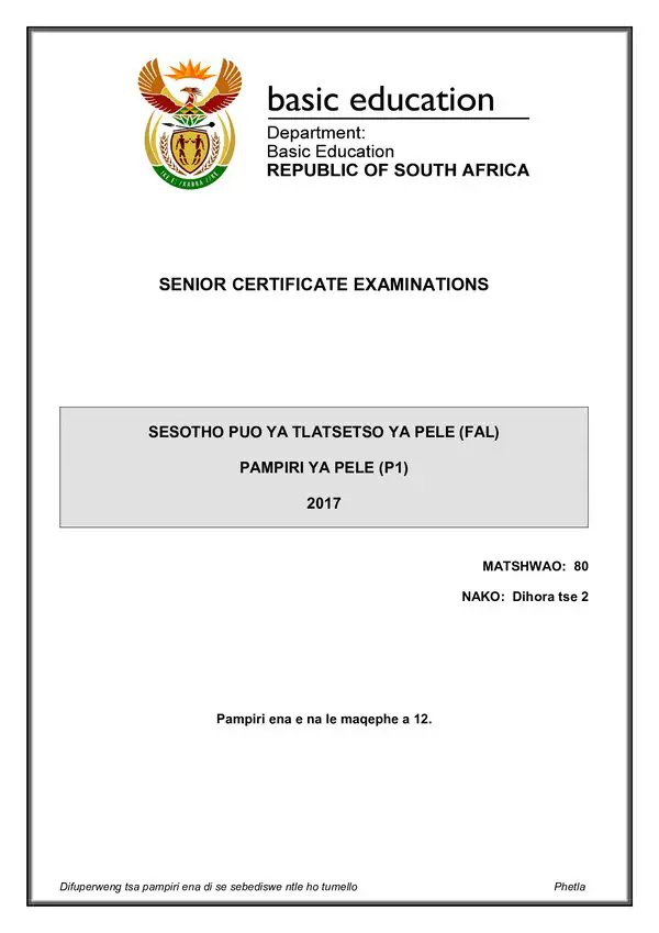 Grade 12 Sesotho past paper 2017 – Sesotho FAL P1 gr12