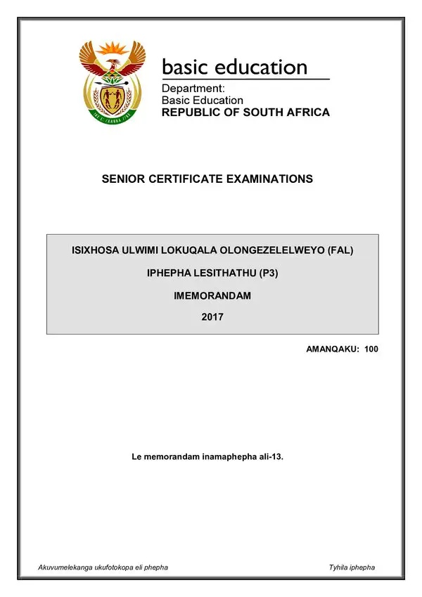 Grade 12 isiXhosa past paper 2017 – IsiXhosa FAL P3 memo gr12