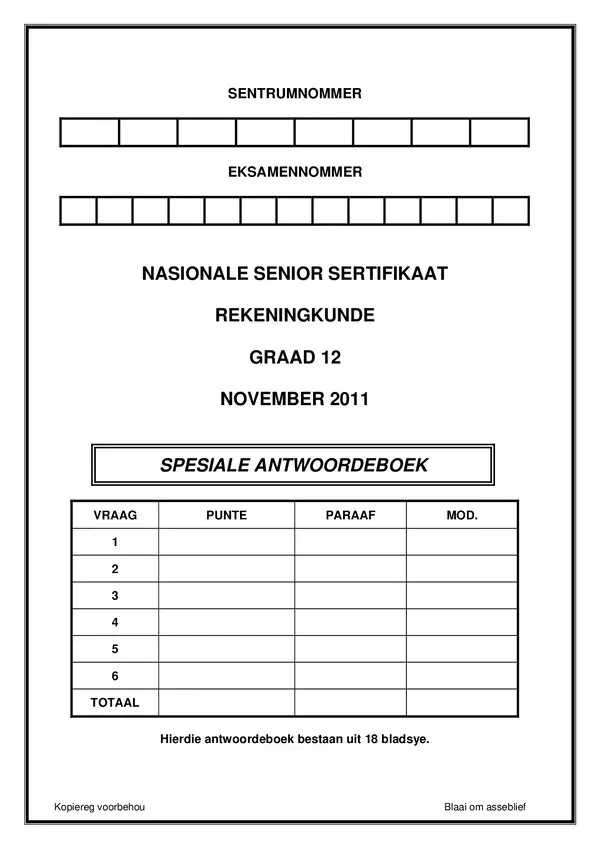 Grade 12 Afrikaans past paper 2010 – Paper 1 Answer Book (Afrikaans) gr12