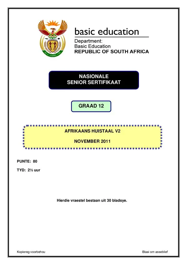 Grade 12 Afrikaans past paper 2011 – Afrikaans HL P2 gr12