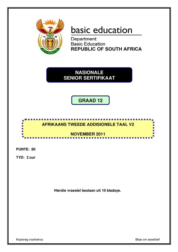 Grade 12 Afrikaans past paper 2011 – Afrikaans SAL P2 gr12