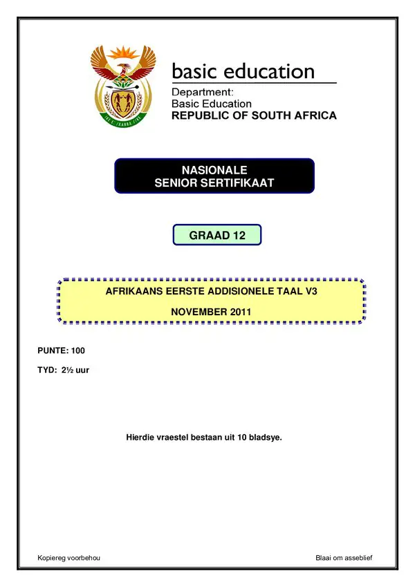 Grade 12 Afrikaans past paper 2011 – Afrikaans FAL P3 gr12
