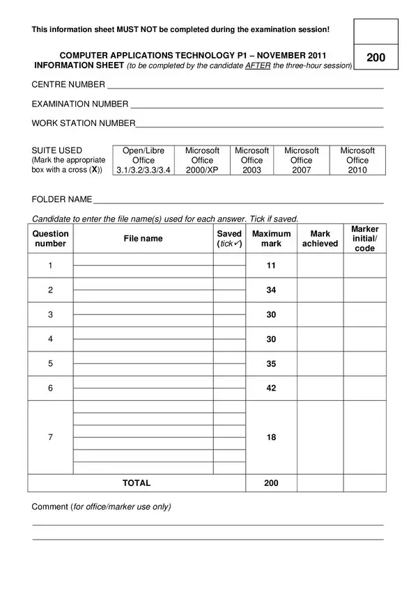 Grade 12 Afrikaans past paper 2000 – P1 Information sheet (Afrikaans) gr12