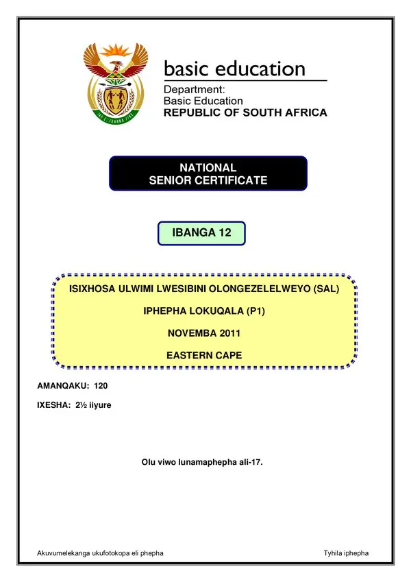 Grade 12 isiXhosa past paper 1993 – IsiXhosa SAL P1 (Eastern Cape) gr12