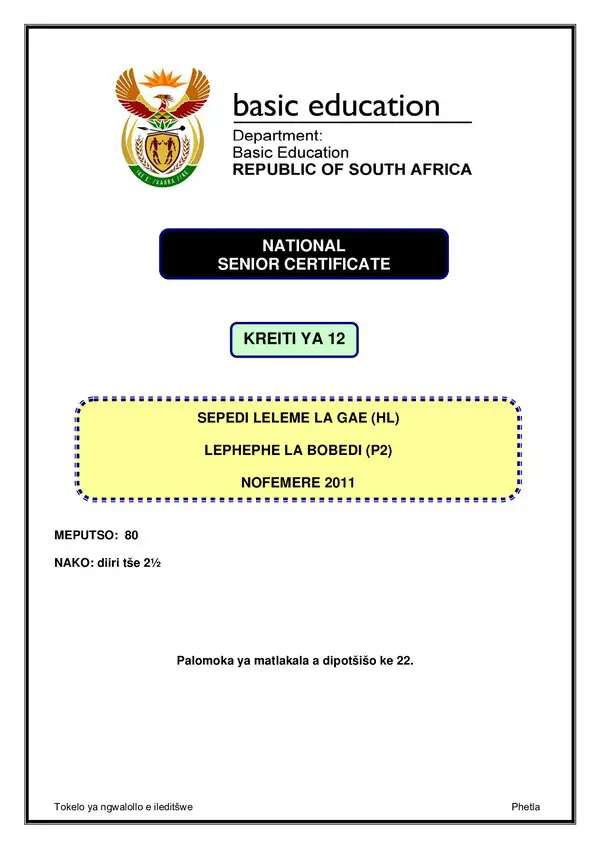 Grade 12 Sepedi past paper 2011 – Sepedi HL P2 gr12