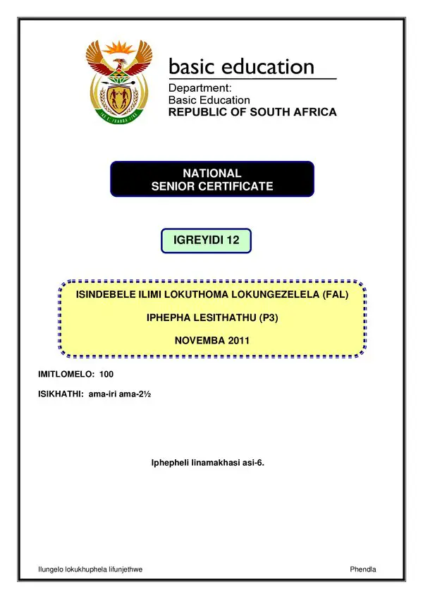 Grade 10 isiNdebele past paper 2011 – IsiNdebele FAL P3 gr12