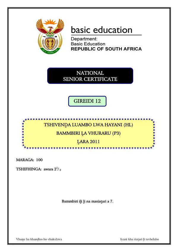 Grade 12 Tshivenda past paper 2010 – Tshivenda HL P3 gr12