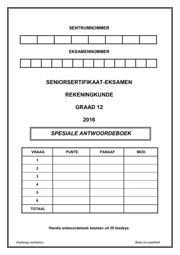 Grade 12 Afrikaans past paper 2016 – Paper 1 Answer Book (Afrikaans) gr12