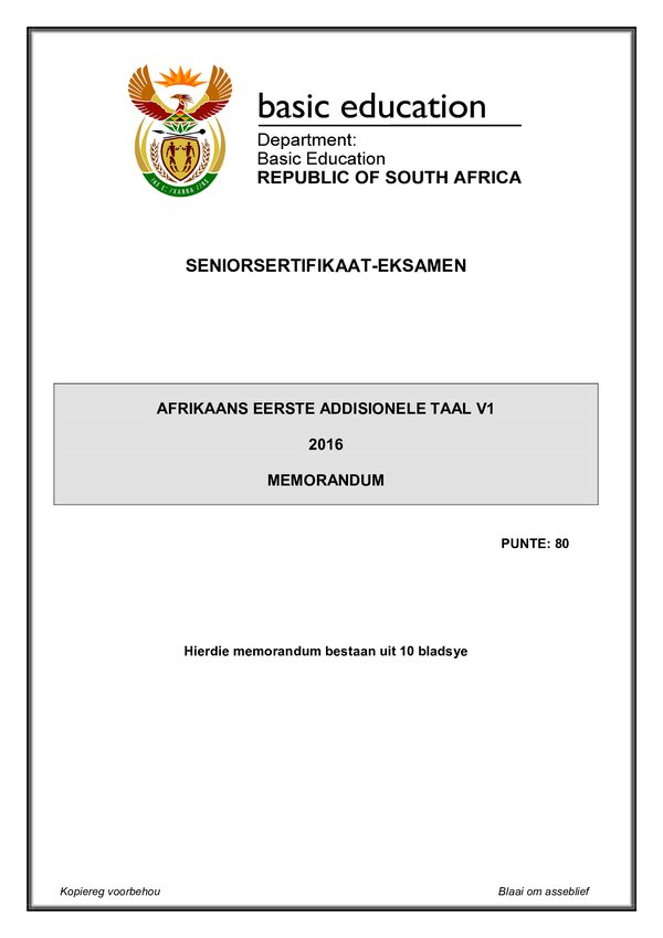 Grade 12 Afrikaans past paper 2015 – Afrikaans FAL P1 memo gr12