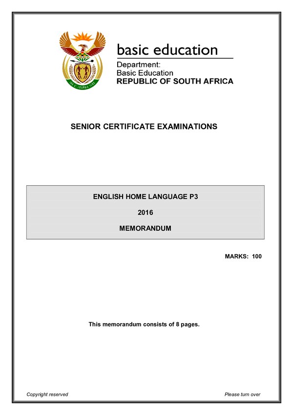 Grade 12 English past paper 2016 – English HL P3 memo gr12