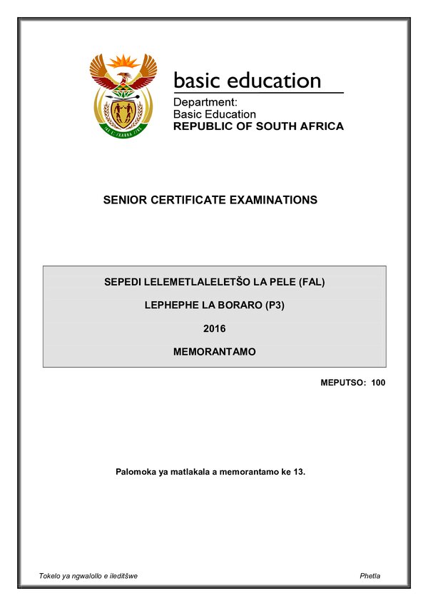 Grade 12 Sepedi past paper 2016 – Sepedi FAL P3 memo gr12