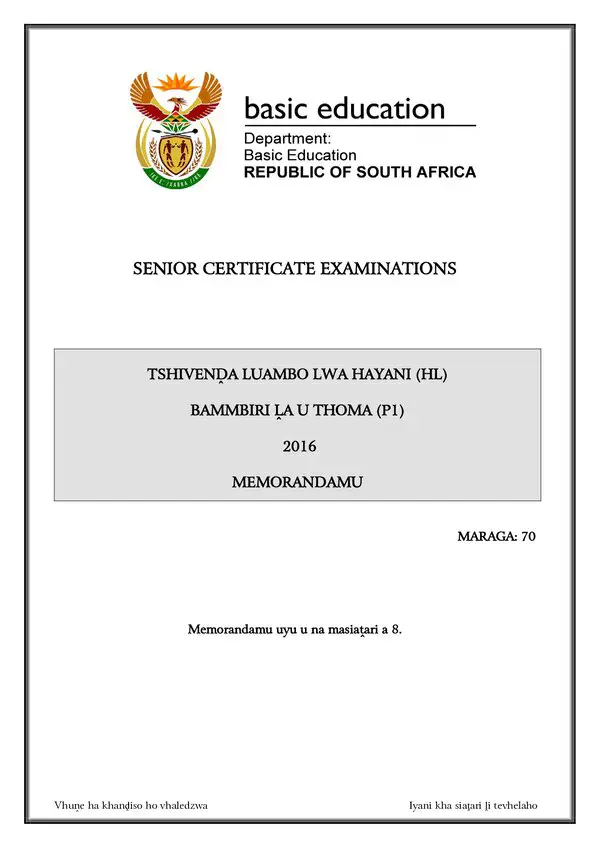 Grade 12 Tshivenda past paper 2016 – Tshivenda HL P1 Memo gr12