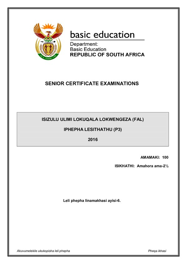 Grade 12 isiZulu past paper 2016 – IsiZulu FAL P3 gr12