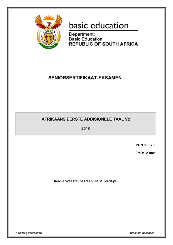 Grade 12 Afrikaans past paper 2016 – Afrikaans FAL P2 gr12